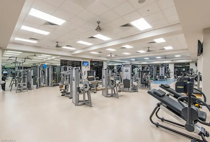 Exercise room featuring ceiling fan and a paneled ceiling