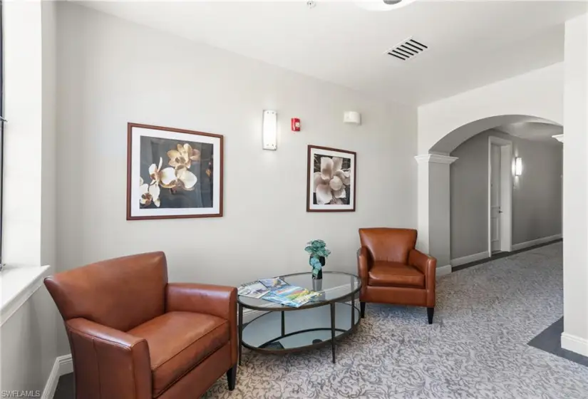 Living area with carpet and ornate columns